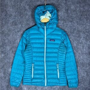 Patagonia Womens Down Sweater Hoody Puffy Jacket Size XS Aqua Blue